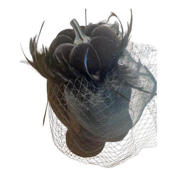 Halloween Black Feathered Fascinator Hat With Mesh Veil & Velvet Pumpkin Design - Picture 2 of 7